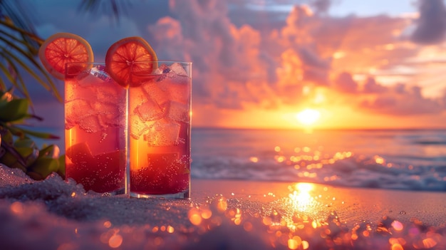 Photo two glasses of drinks on sandy beach