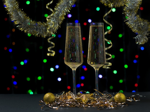 Two glasses filled with sparkling wine with Christmas decorations. Happy New Year