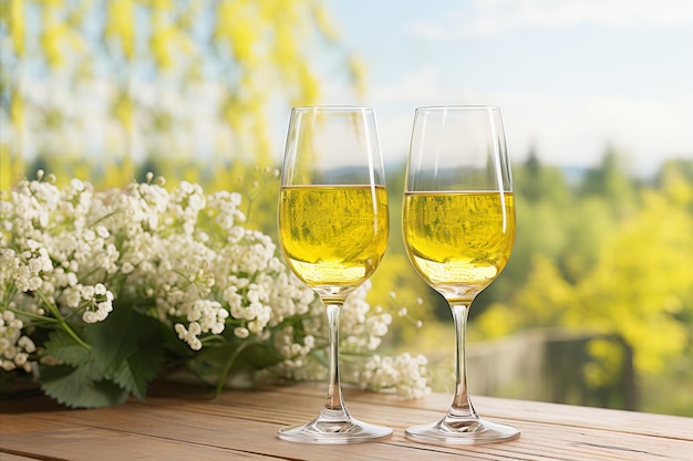 Photo two glasses filled with white wine stand on table next to a bouquet of white bird cherry outdoor