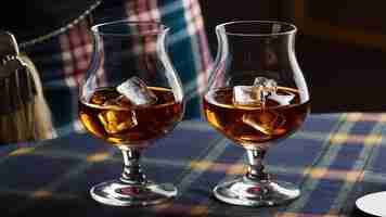 Photo two glasses of fine scottish whisket with ice cubes