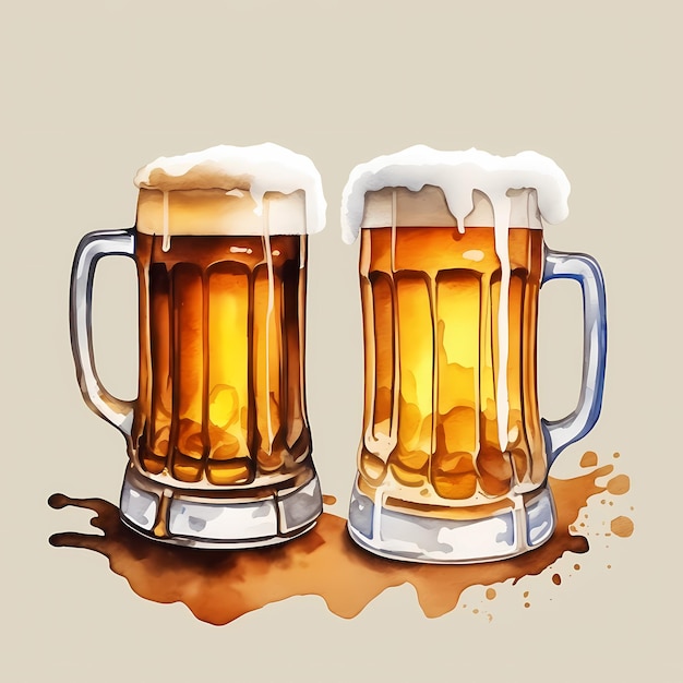 Two glasses of fresh beer Watercolor hand painted isolated illustration on white background