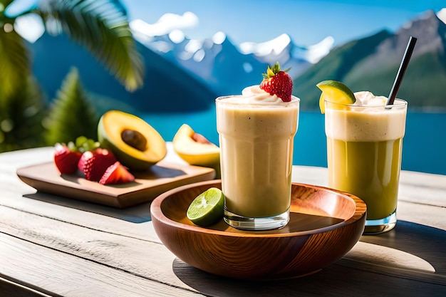 Two glasses of fruit and a drink with a mountain in the background