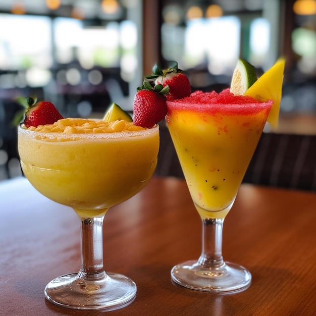 Two glasses of fruit sit on a table with one of them that says " strawberry ".