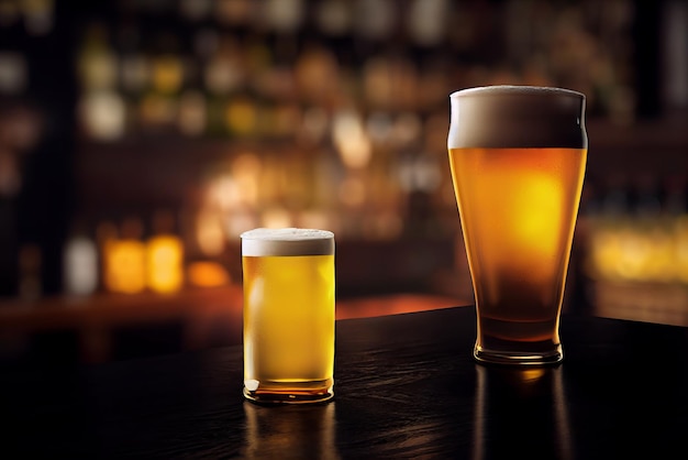 Two glasses full of beer with blurred pub on background glasses\
of fresh alcoholic beverage on blurred background