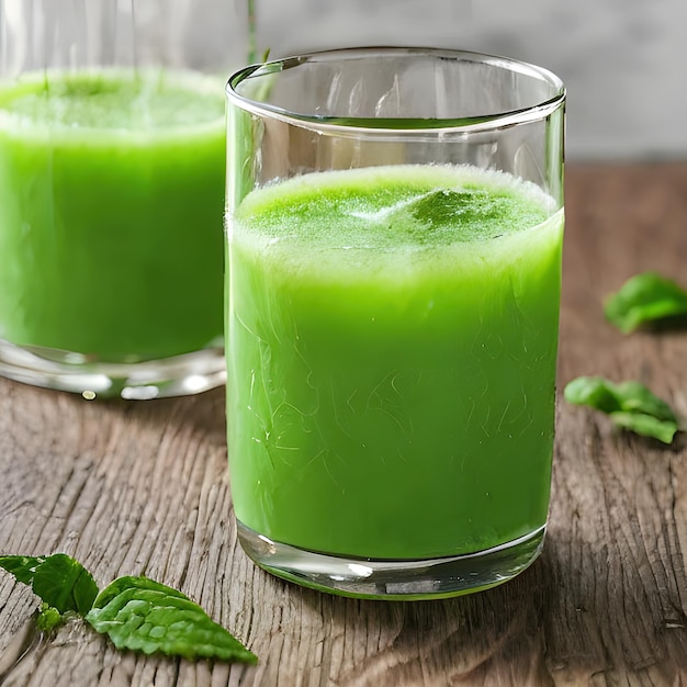 Two glasses of green juice on a wooden table with mint leaves on the side.