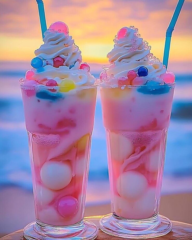 Photo two glasses of ice cream with candy and sprinkles on a table