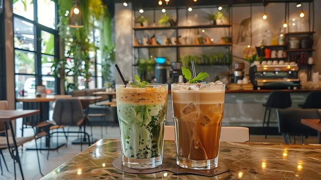 カフェのテーブルに2杯のアイスコーヒーグラスは異なるコーヒー飲料で満たされています