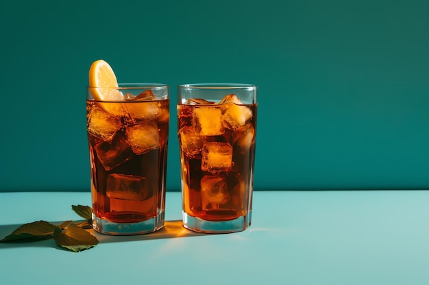 Two glasses of iced tea with a lemon slice on the side.