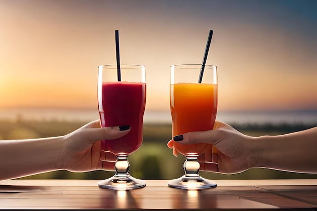 Two glasses of juice are toasting with one being toasted with a pink smoothie.