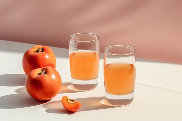 Two glasses of juice sit on a table