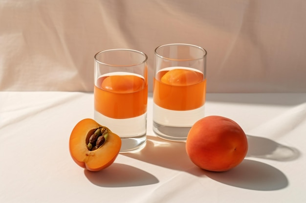 Two glasses of juice sit on a table