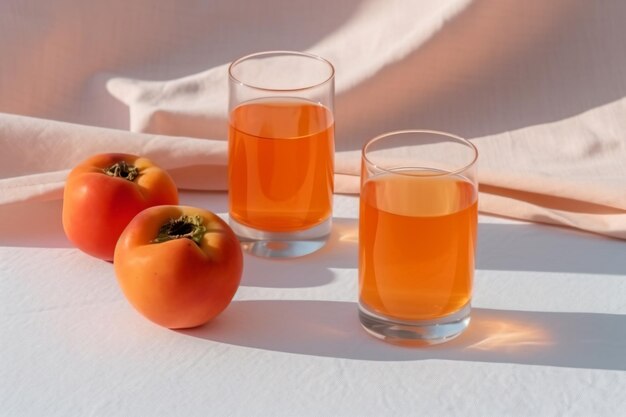 Two glasses of juice sit on a table