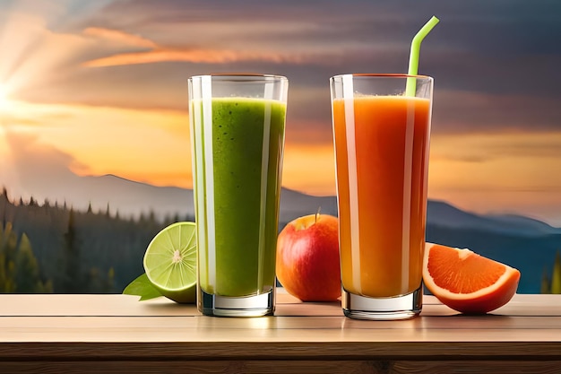 Two glasses of juice with a straw and a green apple on the table.