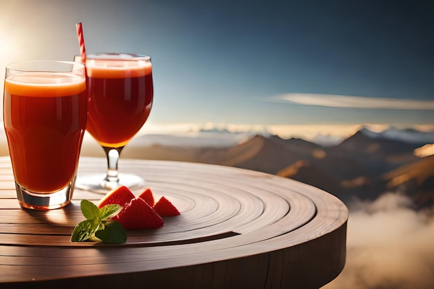 Two glasses of juice with strawberries on a table