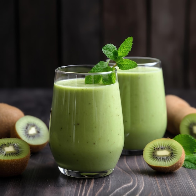 Two glasses of kiwi smoothies with a mint leaf on the side.