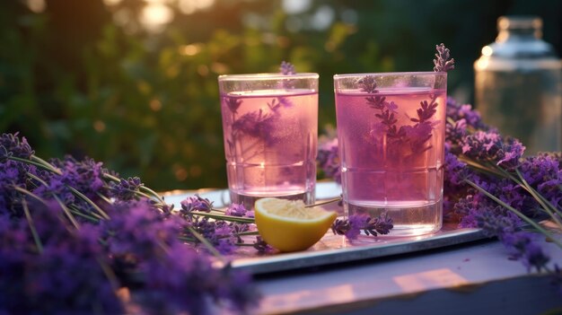 two glasses of lemonade and lavender flowers