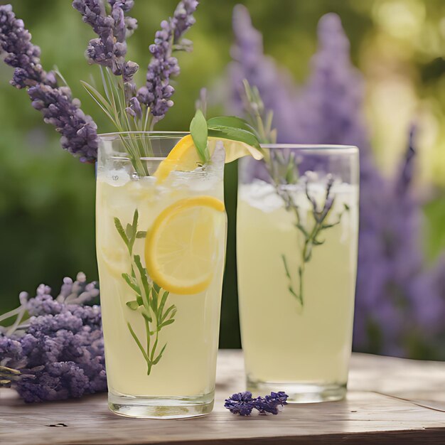 Photo two glasses of lemonade and two glasses of lemonade on a wooden table