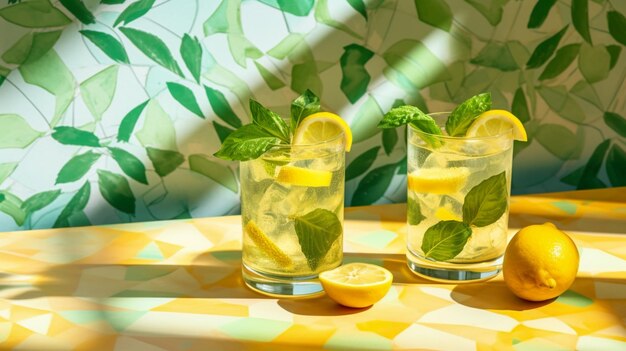 Two glasses of lemonade with lemons and mint leaves on a yellow table.