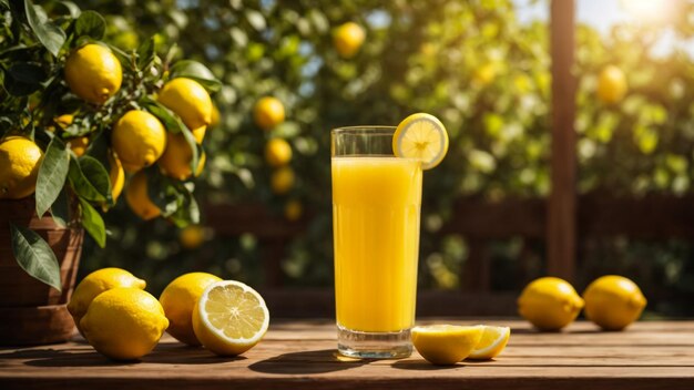 Two glasses of lemonade with lemons on wooden table