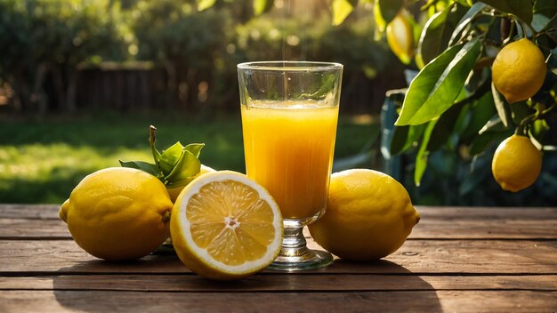 Two glasses of lemonade with lemons on wooden table