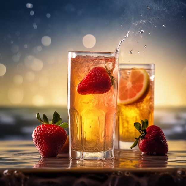 Two glasses of liquid with a strawberry on the top and a lemon on the bottom.