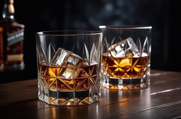 Two glasses of liquor with ice cubes in them sit on a wooden table