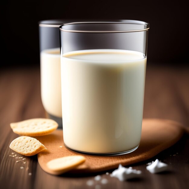 Two glasses of milk are on a wooden board with cookies and a cookie on the table.
