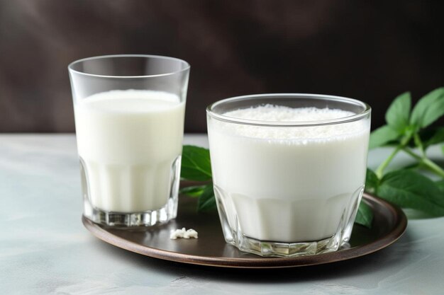 two glasses of milk and a glass of milk on a tray