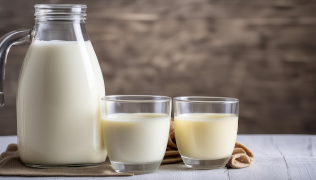 Two glasses of milk on a table