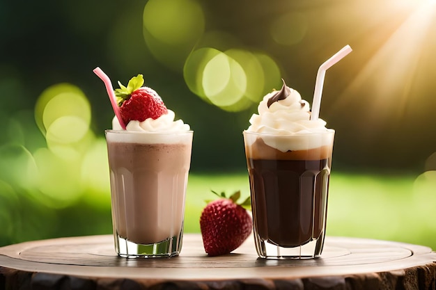 Two glasses of milkshakes with straws and strawberries on a wooden table