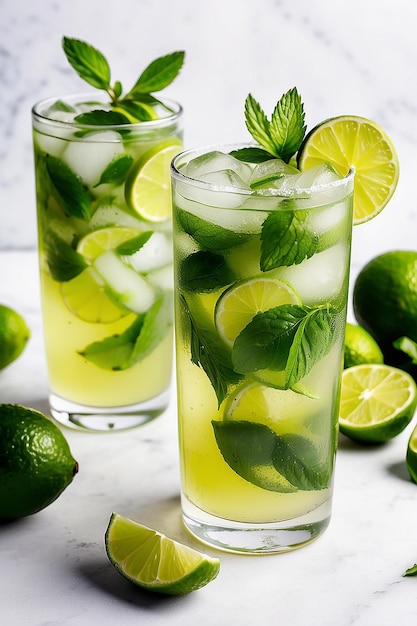 Two glasses of mojito with limes and a lime on the side