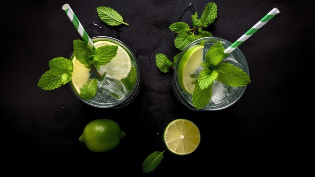 Two glasses of mojito with limes and limes on a black background