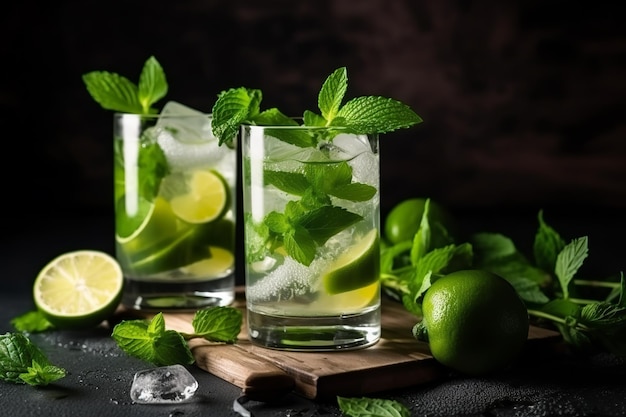 Two glasses of mojito with limes and limes on a dark background.