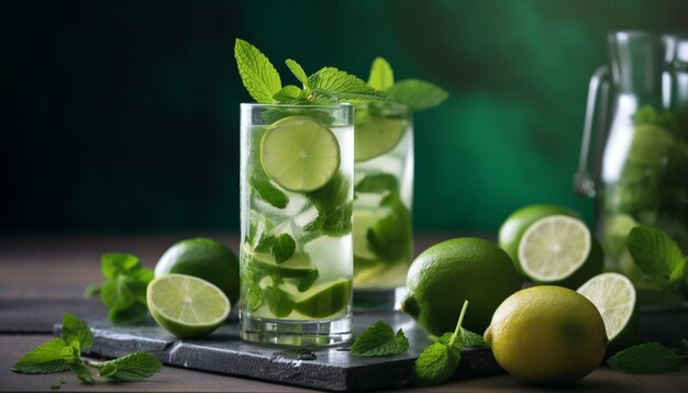 Two glasses of mojito with limes and limes on a table