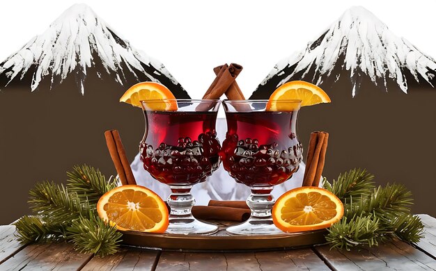 Photo two glasses of mulled wine with orange slices and cinnamon sticks on a wooden table in front of snowy mountains