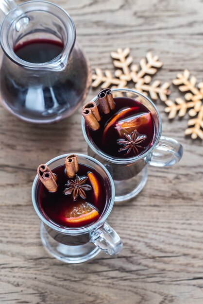 Two glasses of mulled wine on the wooden table