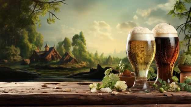 Фото Два стакана пива на деревенском столе с живописным пейзажем на заднем плане