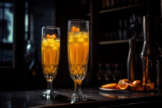 Two glasses of orange cocktails on a bar with a bowl of oranges on the table.