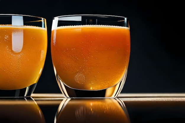오렌지 주스 두 잔이 테이블 위에 있습니다.