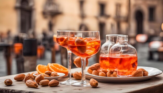 Photo two glasses of orange juice and a plate of almonds on a table