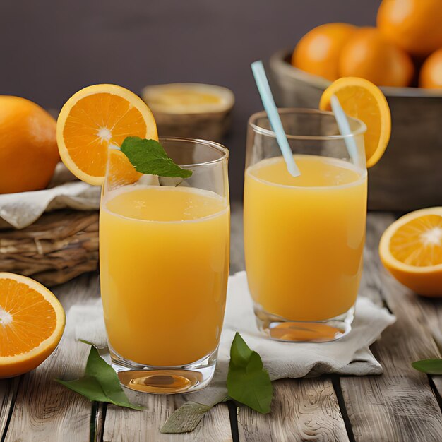 Photo two glasses of orange juice sit on a wooden table with a straw in the middle