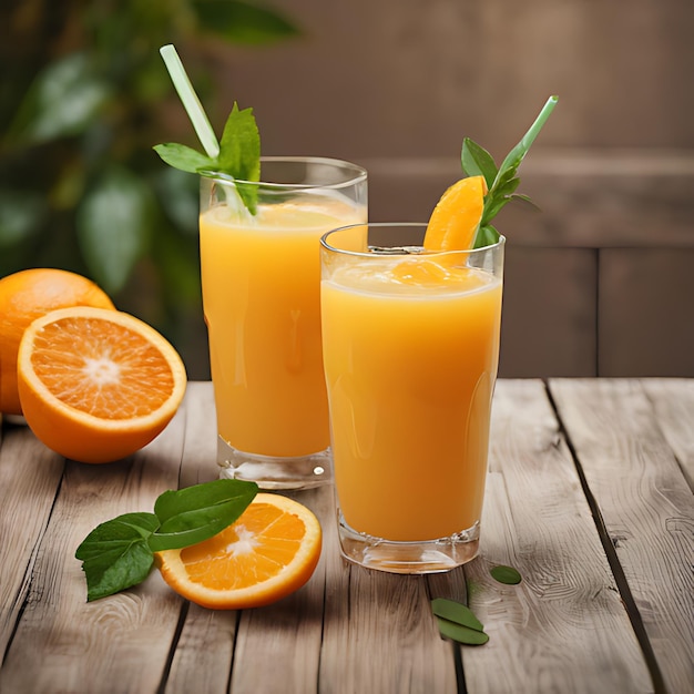 два стакана апельсинового сока сидят на деревянном столе