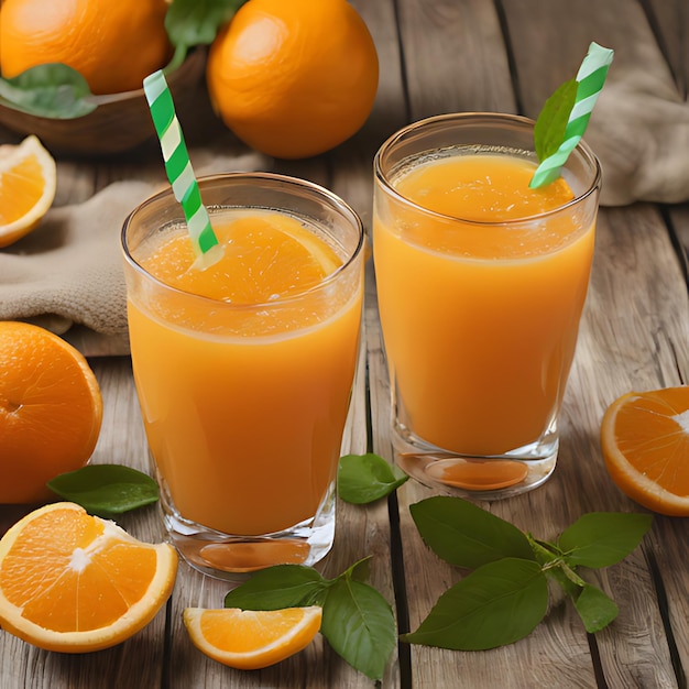 two glasses of orange juice sit on a wooden table