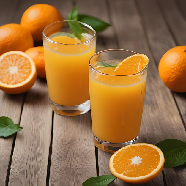 Photo two glasses of orange juice sit on a wooden table