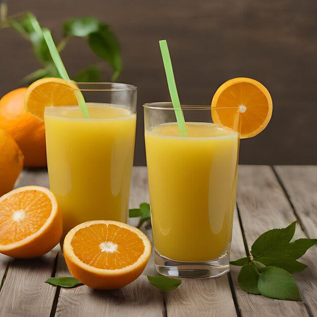 two glasses of orange juice and two oranges on a wooden table