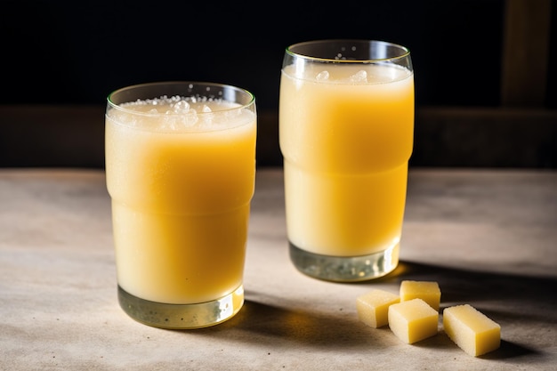 Two glasses of orange juice with a cube of cheese on the side.