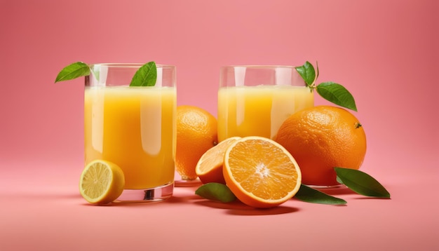 Photo two glasses of orange juice with oranges on the side