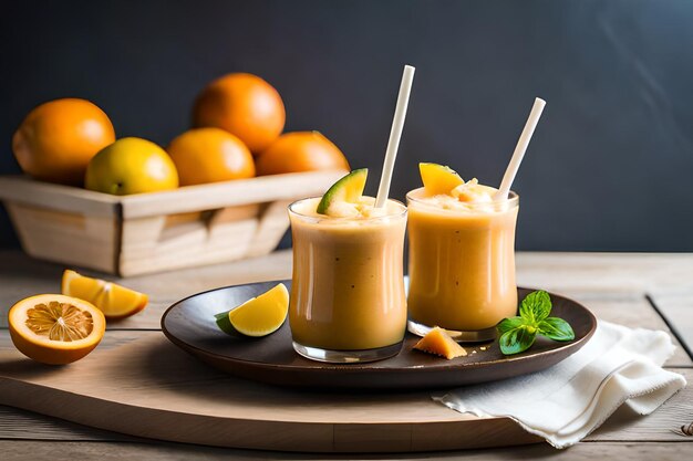 Two glasses of orange smoothie with straws on a plate with a basket of oranges in the background.