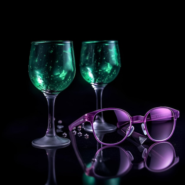 Two glasses and a pair of glasses are on a table with a black background.