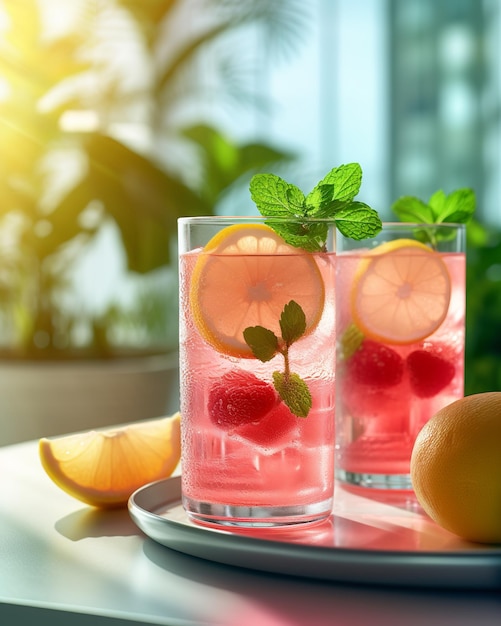 Two glasses of pink lemonade with a lemon slice and a lemon slice on a tray.